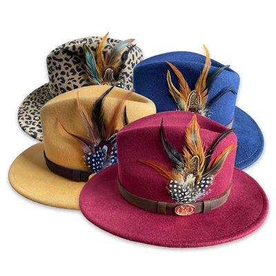 Sombrero de fieltro de mezcla de lana de ala ancha Fedora azul brumoso para hombre y mujer pluma de faisán - Imagen 1 de 4