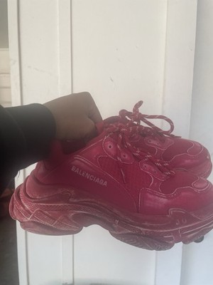 Balenciaga Triple S Red Men's Lace Up Low Top Sneakers with Black Drawstring Bag