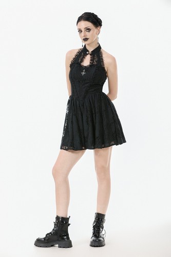 Dark in love Women Black Gothic Cut Out Lace Halter Sleeveless Short Dress - Picture 7 of 21