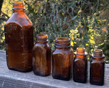Vintage Amber Brown Glass 3IV Apothecary Lot-5 Medicine Bottles 2" to 5'" H