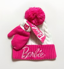 NEW Mattel BARBIE Girl's 2pc Pink/White Cable Knit Beanie Hat  Mittens Set OSFM