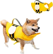 Dog Life Jacket with Cute Bee Design, Extra Chin Support, Medium, Yellow 