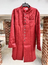 Men  s Maroon Pure Cotton Kurta Paisley Embroidered Mandarin Collar Long Sleeve