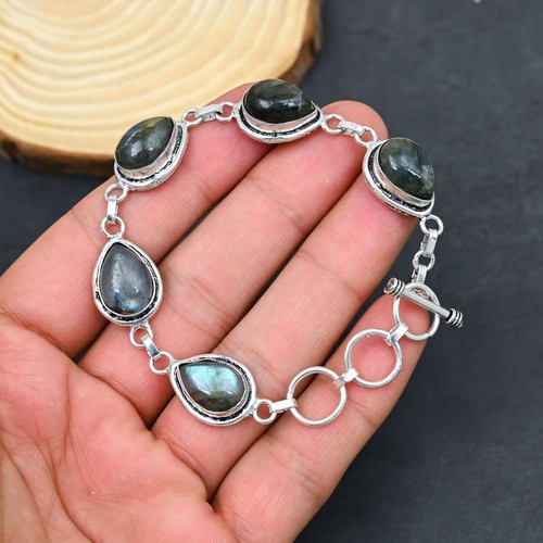 Labradorite Gemstone Handmade 925 Sterling Silver Jewelry Bracelet 6-8"