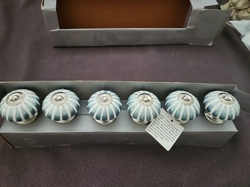 6 Decorative Cobalt Sky Blue & White Ceramic Knobs For Cabinets Or Drawers - Picture 2 of 2