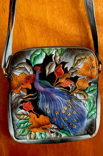 Biacci Peacock Leather Crossbody Handbag Purse Hand Painted