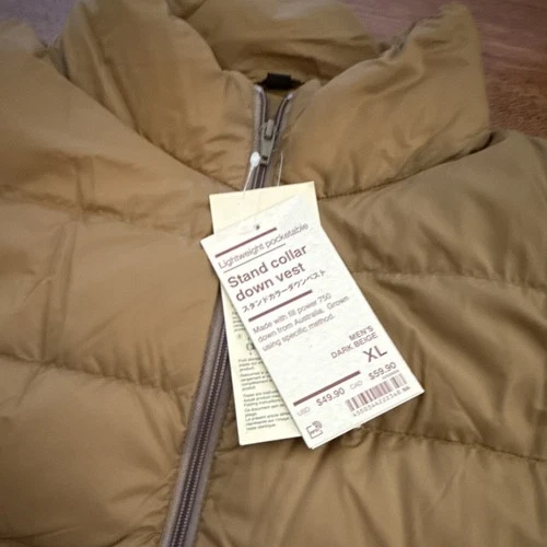 NWT Muji Men's Dark Beige Stand Collar Down Vest XL 750 Down - product listing photo