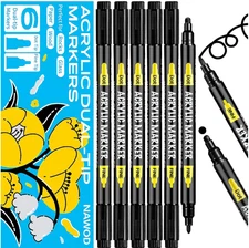 NAWOD 6 Black Acrylic Paint Pens, Acrylic Paint Markers Dual Tip (Dot Tip + Brus