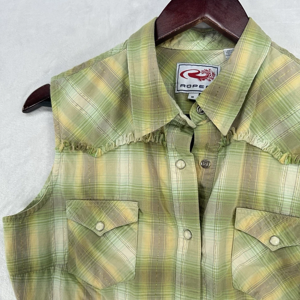 Top Roper Vintage Mujer M Verde Amarillo Cuadros Western Años 90 Country Perla A Presión Y2K Foto 2 de 4