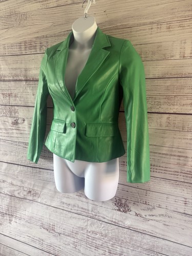 River Island Size 12 Green Faux Leather Blazer Fitted Jacket Bold Statement - Picture 12 of 20
