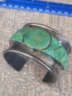 💥 Navajo Native Signed Sterling Green Turquoise Cuff Bracelet 💥 148.4 Grams💥 - Image 1 of 4