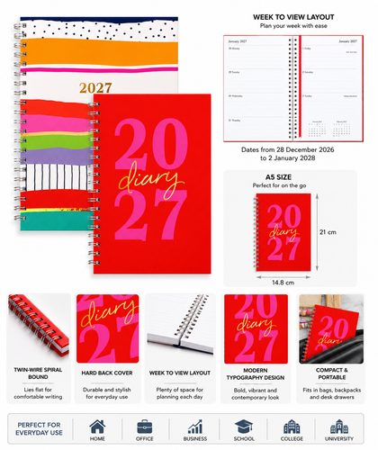 2015 Wiro Spiral Hardcover A5 Woche zur Ansicht Tagebuch Planer Organizer Goldfolie Tal - Bild 2 von 13