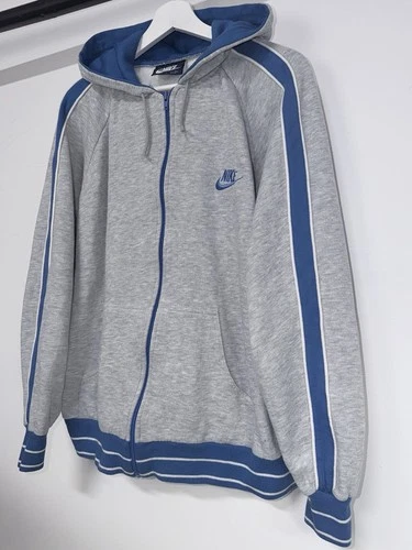 Vintage 80s Nike Blue Tag Full Zip Hoodie | Heather Grey w/ Blue Striped Sleeves image 4