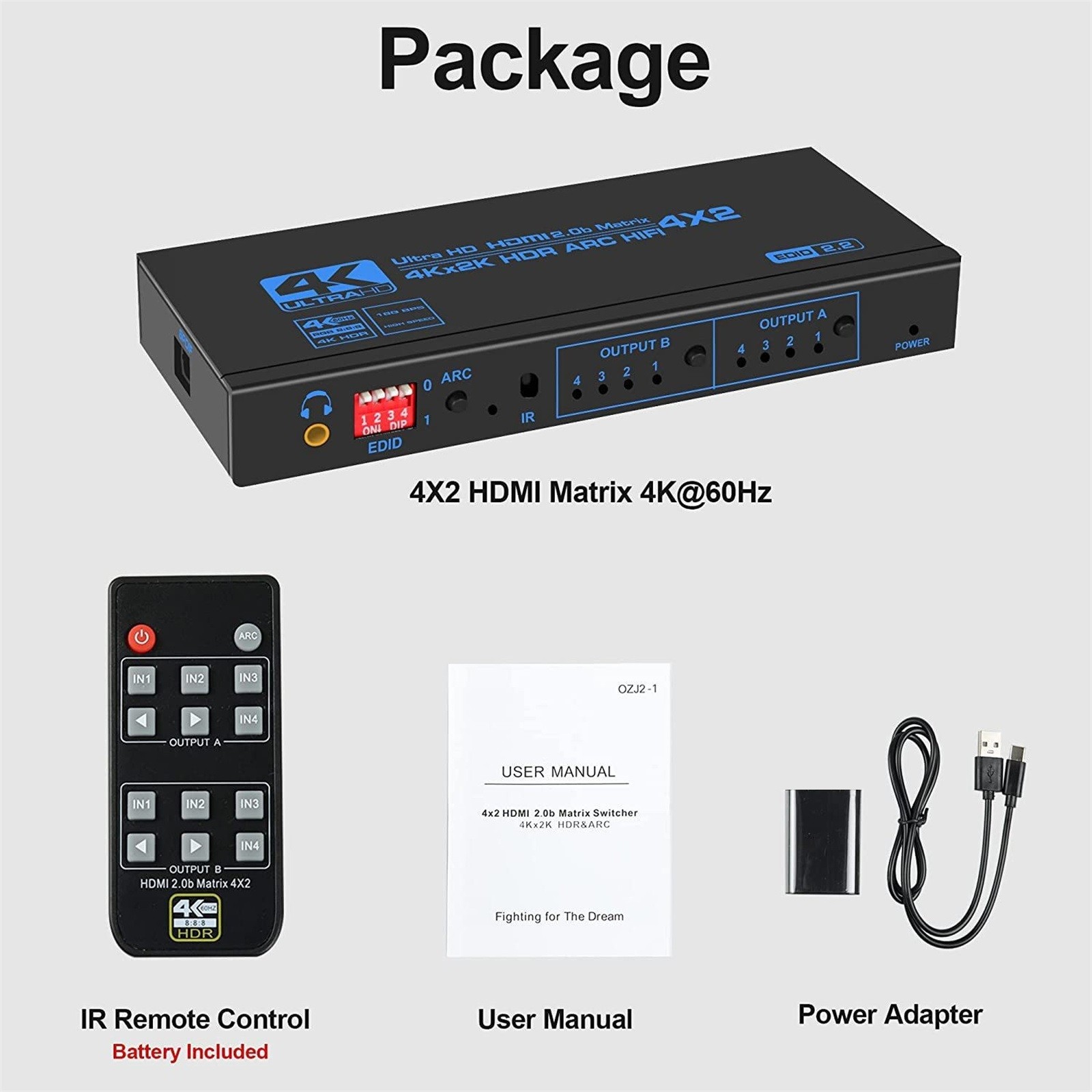 4X2 HDMI Matrix Switch Splitter 4K 60Hz with 3.5mm Jack Stereo out 4 in 2 out