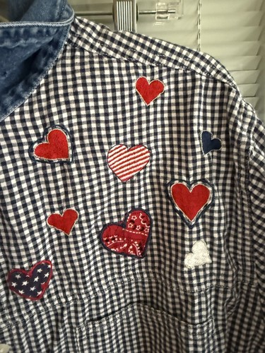 Vntg Quizz Woman Top Checked Denim Collar Sht Sleeve Red White Blue Hearts Sz 20 - Picture 2 of 6