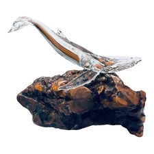 Vintage Crystal Clear Humpback Whale On Burl Wood Base Sculpture ANA-S30085  USA