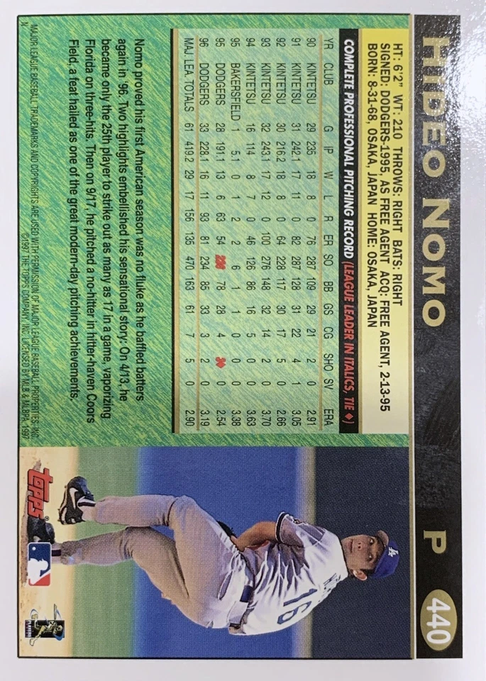 1997 Topps Hideo Nomo Los Angeles Dodgers #440 NMMT - Image 2 of 2