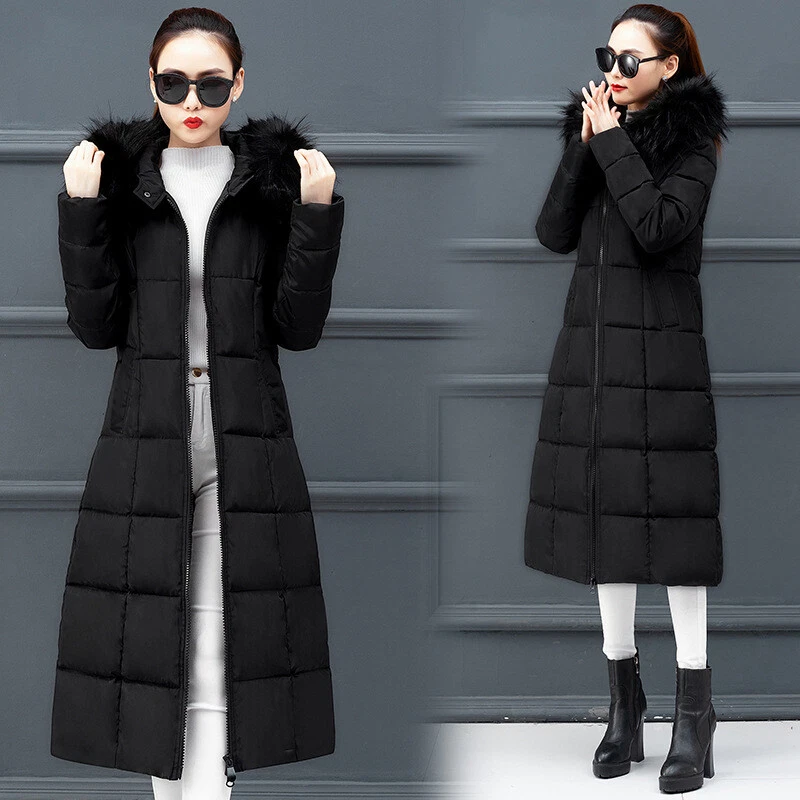 Women's Long Quilted Down Warm Jacket Winter Hooded Puffer Fur Collar Parka Coat - Image 4 of 4