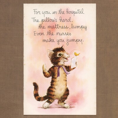 Unused Vintage 1973 ANI-MOPS Fran Mar Get Well Hospital Card, Funny Cat Letter