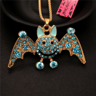 Bling Bat Fashion Women Charm Blue Crystal Smiling Bats Rhinestone Pendant Chain ...