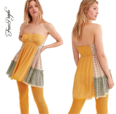 Free People Patchwork Strapless Tunic Dress Small 4 6 Yellow Optional Straps NWT