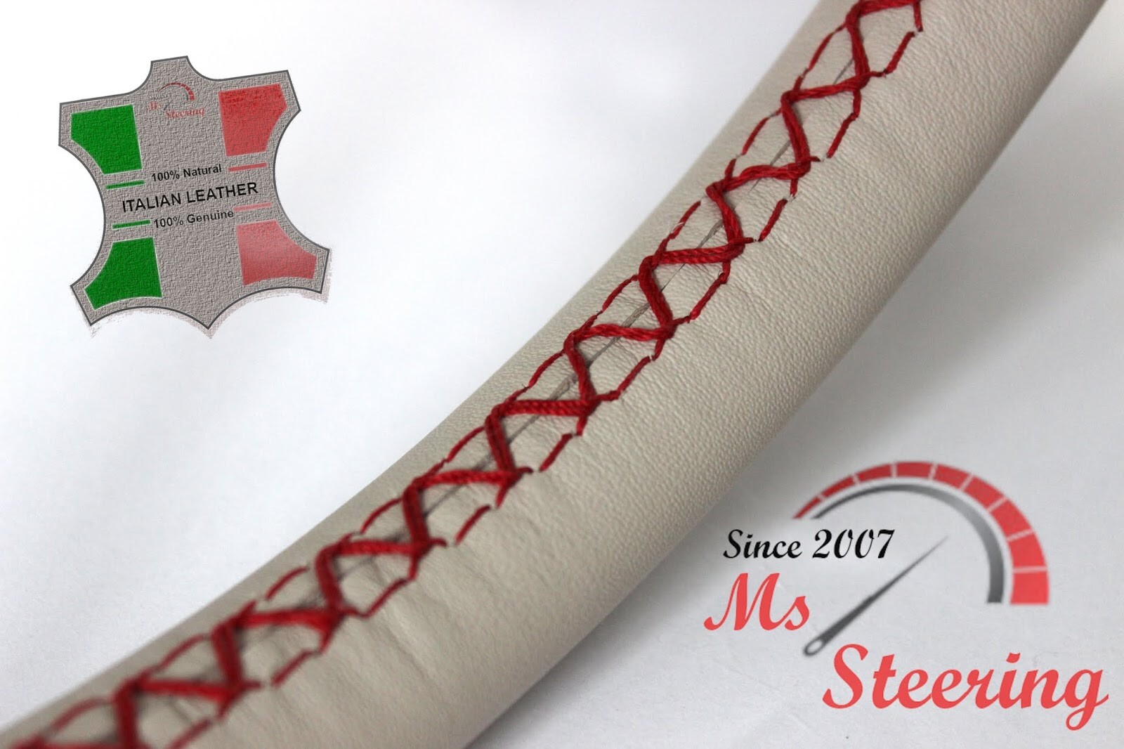 FUR INFINITI QX 13-13 CREAM LEATHER STEERING WHEEL COVER, RED 2 STIT