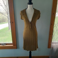 Free People Collared Knit Button Neck Dress Mustard Large New