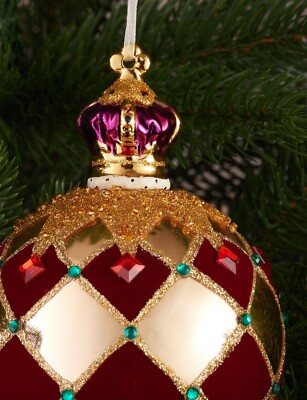 XXL Weihnachtskugel Glas Christbaumkugel Rauten 14 cm Samt Rot Krone Glasschmuck