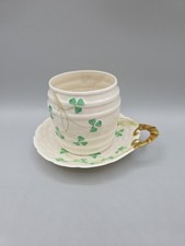 Vtg Belleek Shamrock Jar No Lid & Small Dish Ireland Different Green Marks