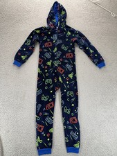 Cat  Jack Blue Boys M 8/10 Gamer Fleece Hooded One Piece Pajamas Union Suit