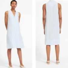 Everlane Sz 12 Blue White Striped 100% Linen Sleeveless Button Front Shirt Dress