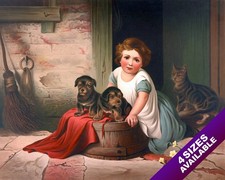 CUTE LITTLE GIRL  HER PET PUPPY DOGS DOG  CAT ART PAINTING REAL CANVAS PRINT