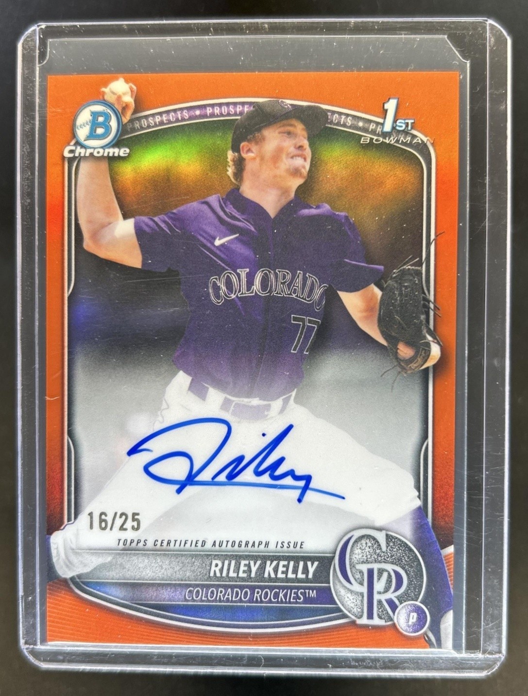 2025 Bowman Draft Riley Kelly Chrome Auto Orange Refractor 1st #/25 Rockies