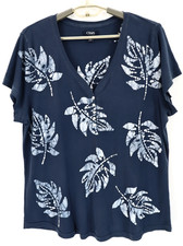 CHAPS Women's 100% Cotton Henley Top Short Sleeve Leafy Botanical Blue White XXL
