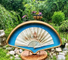 Antique Victorian mother of pearl silk hand painted hand fan in shadow box