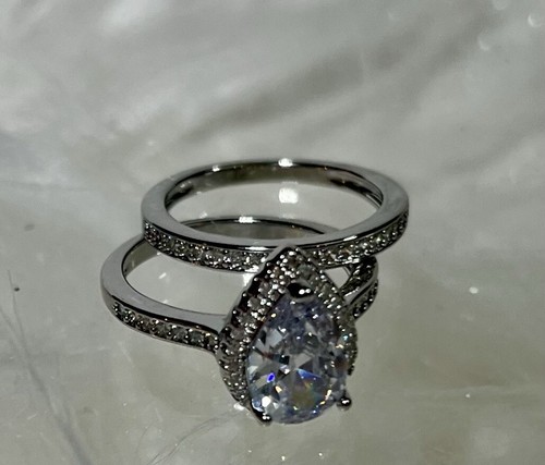 WHITE GOLD PLTD/WHITE SAPPHIRE Pear CUT BRIDAL/WEDDING/ENGAGEMENT Ring Set SZ 10 - Picture 16 of 18