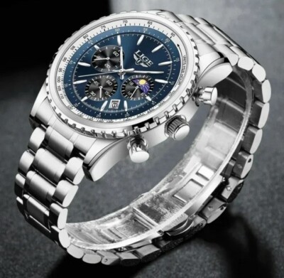 Herren Chronograph  Silber Blau Ziffernblatt Datum Leucht Zeiger sehr cool Box 