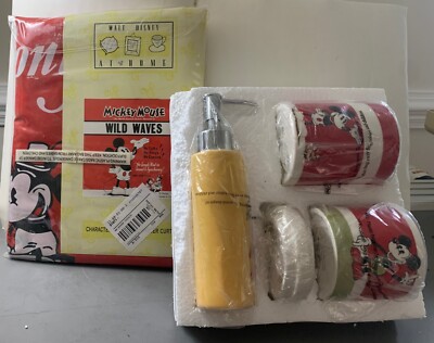 DISNEY MICKEY MOUSE CERAMIC BATHROOM ACCESSORY SET & SHOWER CURTAIN  NEW IN BOX