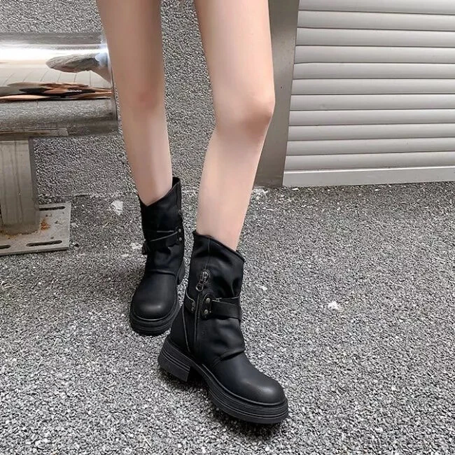 Bottes Chaussures Rangers Noir Confortable Élégant Plate-forme En Cuir - Photo 4/4