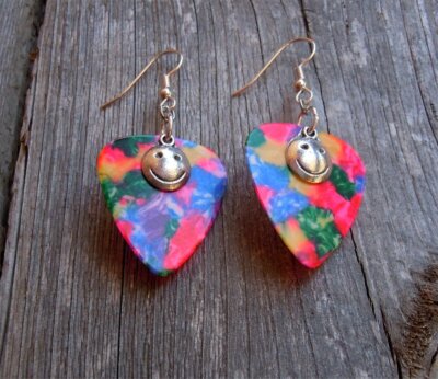 Happy Face Emoji Charm Guitar Pick Earrings - Pick Your Color