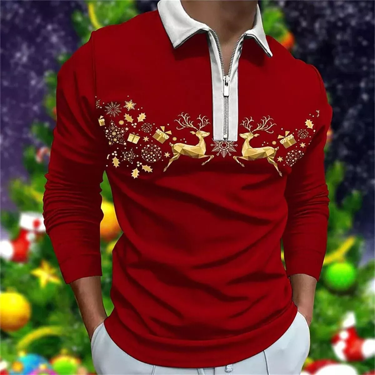 Polo Camiseta Hombre Cremallera Cuello Manga Larga Navidad Rojo Navidad Oro  Reno