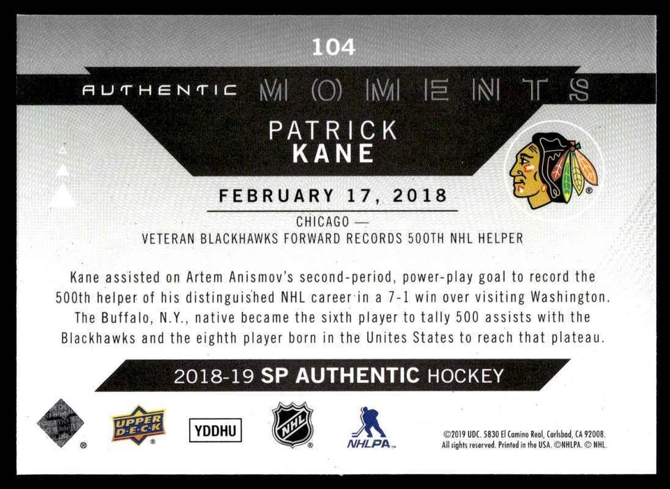 2018-19 SP Authentic MOMENTS Patrick Kane Chicago Blackhawks #104 R81 - Image 2 of 2