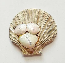 Vintage Capri Pin Brooch Sea Shell with Genuine Shells Enamel Textured Goldton