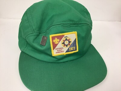 1977 BSA National Jamboree Hat and Pin Vintage Green Boy Scout 5 Panel