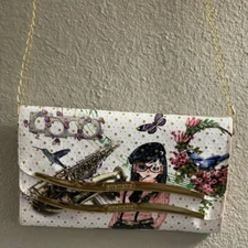 NWT Girl's White & Pink Polka Dot Chain Strap Floral Printed Crossbody Purse