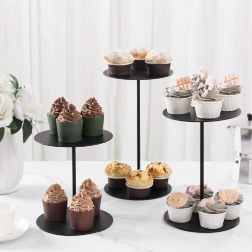 Black Round Metal Pedestal Cupcake/Dessert Decorative Stand / Risers, Set of 3 - Afbeelding 1 van 6
