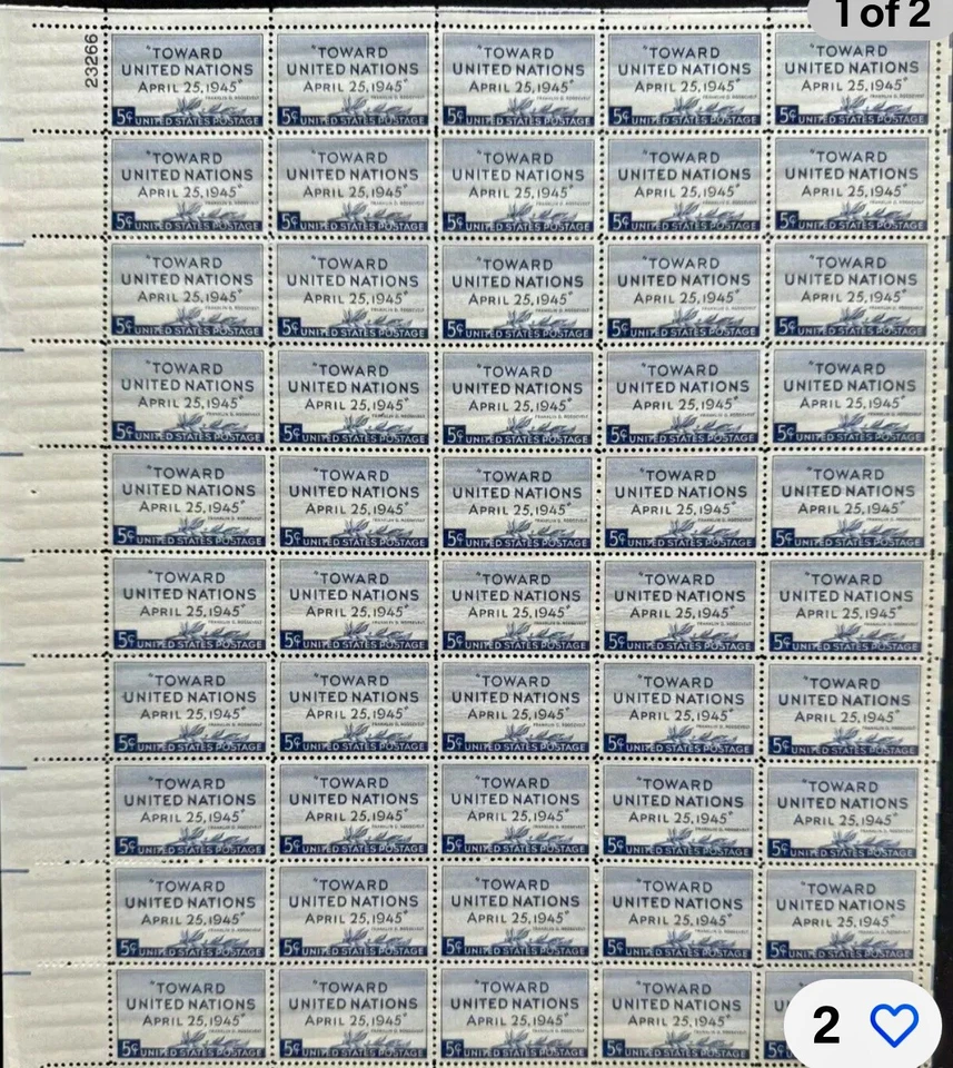 Scott # 928 ~ 1945 5¢ United Nations Conference Issue - FULL SHEET 50 STAMPS M1 - Image 2 of 3