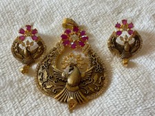 Women Pendent Earrings Set Jewelry artificial ruby stone Dull gold finish