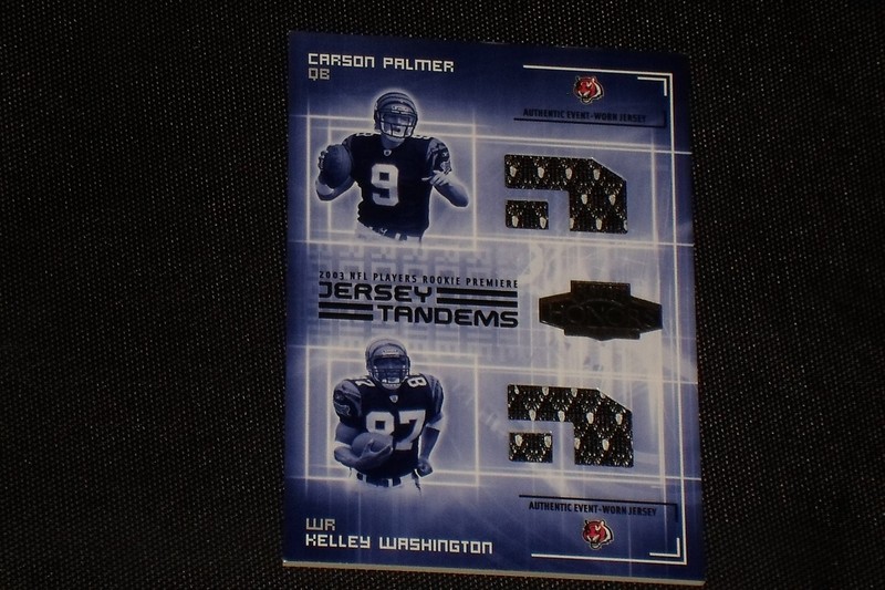 CARSON PALMER & KELLEY WASHINGTON 2003 PLAYOFF HONORS GAME USED JERSEY CARD