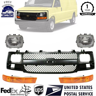 Front Grille Primed + Headlights Kit For 2003-2017 Chevy Express &GMC Savana Van